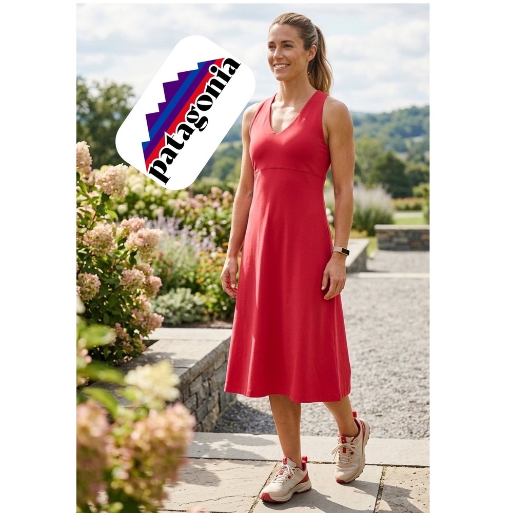 Patagonia Womens Red V-Neck Tie Back Active Midi Dress Size L Shelf Bra 58946